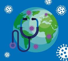 world planet with particles covid 19 and stethoscope vector