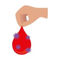 Mano y gota de sangre con partículas de covid 19. vector