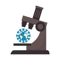 Planeta mundial con partículas covid 19 y microscopio. vector