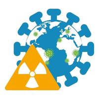 Planeta mundial con partículas covid 19 y señal de precaución nuclear. vector