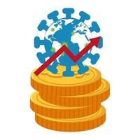 Variación del mercado de valores por covid 19 con pila de monedas e iconos vector