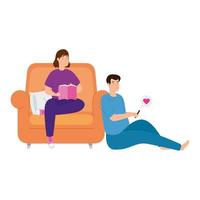 young couple stay at home in livingroom vector