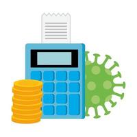 calculator with pile coins and particle covid 19 vector