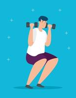 young man stay at home lifting dumbbells vector