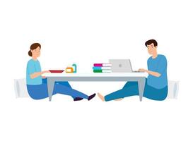 young couple eating and using laptop vector