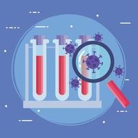 covid19 particles with magnifying glass and tubes tests vector