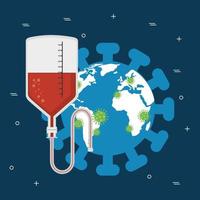 planeta mundial con partículas covid 19 y bolsa de sangre. vector