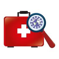 world planet with particles covid 19 in magnifying glass and first aid kit vector