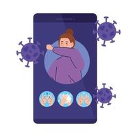 smartphone with woman sick coughing in elbow vector