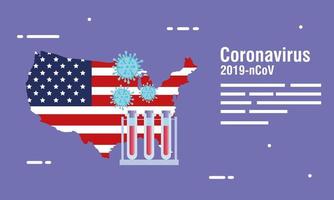 usa map and flag with covid19 particles and tubes test vector