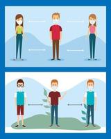 personas que usan máscaras faciales con distanciamiento social para covid19 vector