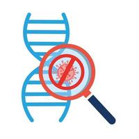 deoxyribonucleic acid structure with particle covid 19 and magnifying glass vector