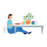 young woman stay at home eating in table vector