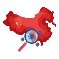 covid19 particles with magnifying glass and china map vector
