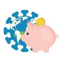 world planet with particles covid 19 and piggy bank vector