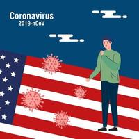 man sick with covid19 and usa flag vector