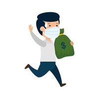 businessman running using face mask with money bag vector