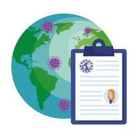 world planet with particles covid 19 and clipboard vector