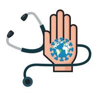 world planet with particles covid 19 in hand and stethoscope vector