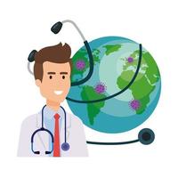 doctor and world planet with particles covid 19 vector