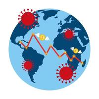 planet earth with covid19 particles and statistics arrows vector