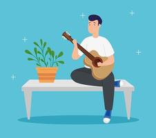 young man stay at home playing guitar in table vector