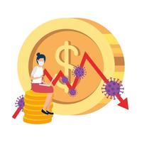 stock market variation by covid 19 with businesswoman and icons vector