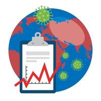 planet earth with covid19 particles and statistics arrows in clipboard vector