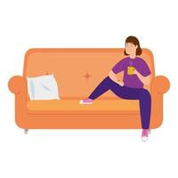 young woman stay at home drinking coffee in sofa vector