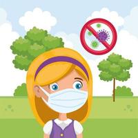 cute girl using face mask in landscape vector