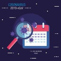 covid19 particles with magnifying glass and calendar vector