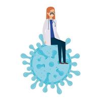 doctor female sitting in particle covid 19 isolated icon vector