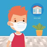 stay at home campaign with boy using face mask vector