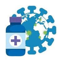 world planet with particles covid 19 and bottle medicine vector
