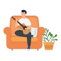 young man stay at home playing guitar in sofa vector