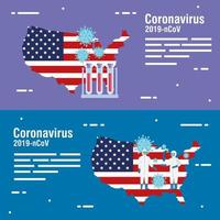 usa map and flag with covid19 particles and tubes test vector