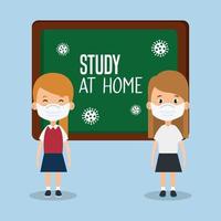 stay at home campaign with girls students using face mask vector