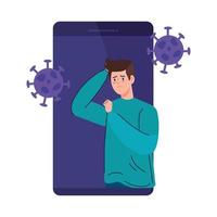 man sick in smartphone with covid19 particles vector