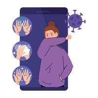 smartphone with woman sick coughing in elbow vector