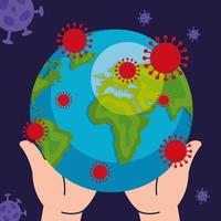 hands lifting planet earth with covid19 particles vector