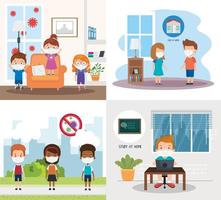 set scenes of children using face mask vector