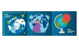 planet earth with covid19 particles set icons vector