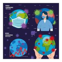 planet earth with covid19 particles set icons vector