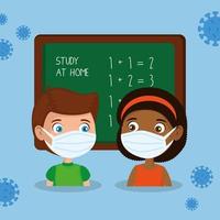 stay at home campaign with children studying using face mask vector