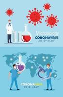 set poster of microbiology for covid 19 and medical icons vector