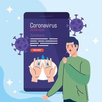 man sick in smartphone with covid19 particles vector