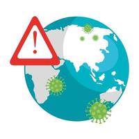 planet earth with covid19 particles and alert symbol vector