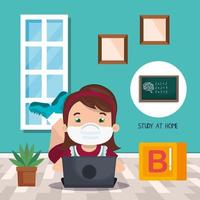 campaña de quedarse en casa con niña estudiando en línea vector