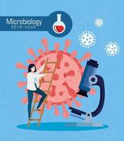 microbiology for covid 19 with doctor female and microscope vector