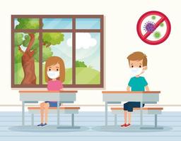 cute students using face mask in classroom vector